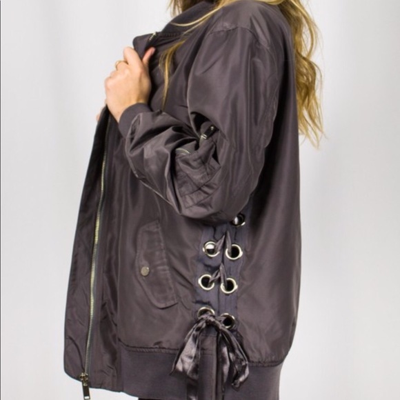 Grey Lace Up Bomber Jacket - Picture 1 of 8
